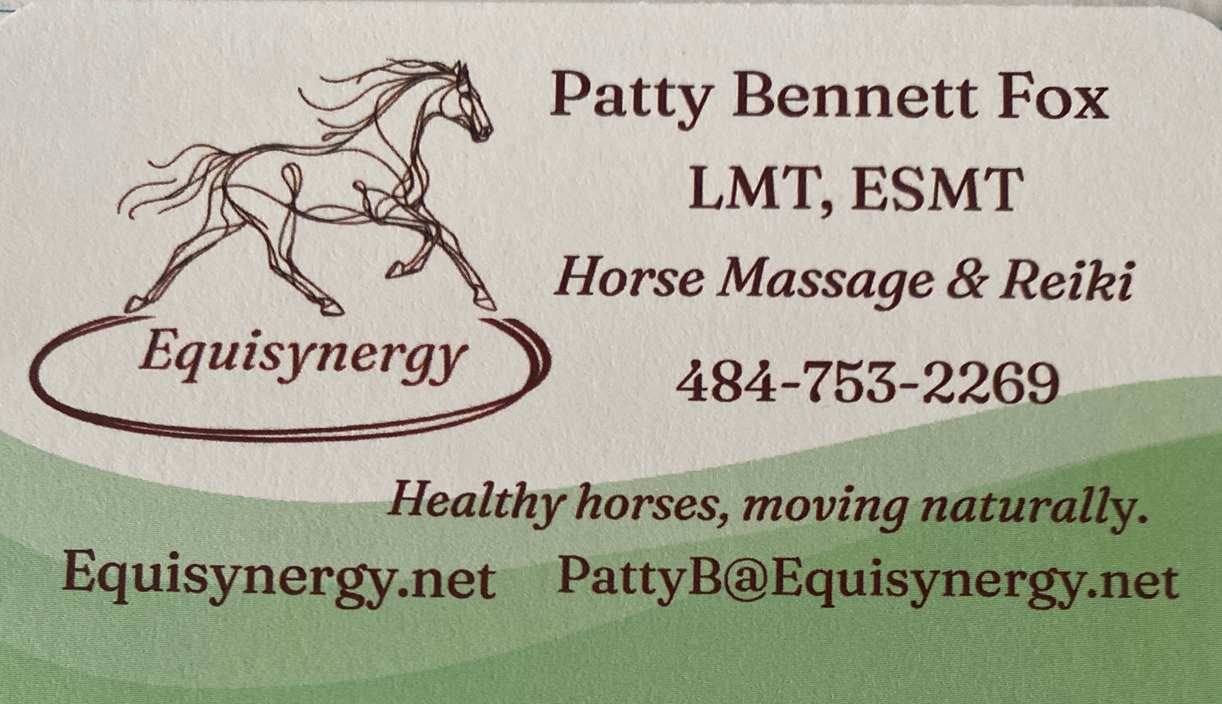 Business card for Patty Bennett, horse massage therapist.