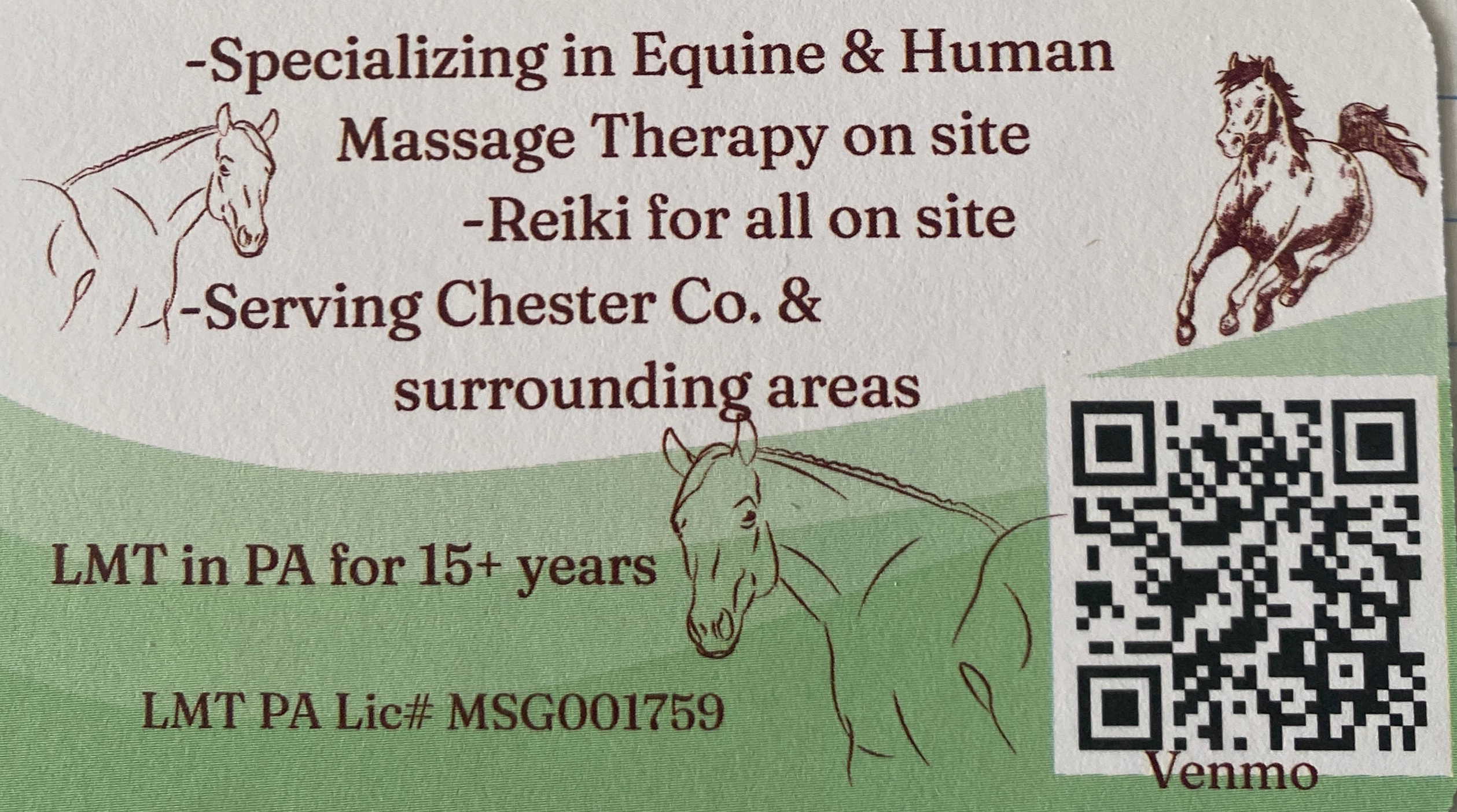Business card for equine and human massage therapy services with Reiki.